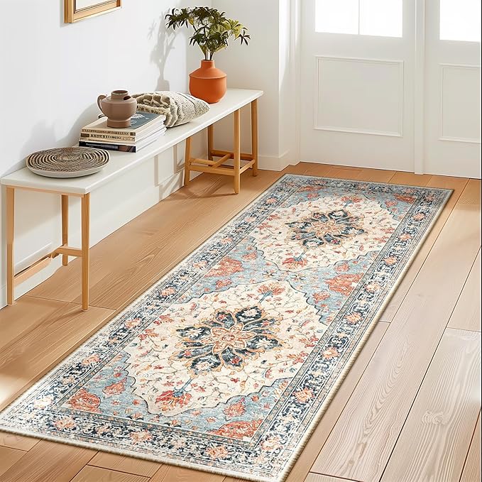 Area Rugs 2'x5' Washable Non-Slip, Floral Vintage Distress Print Pattern Medallion Carpet for Living Room Bedroom Dining Room, Beige Navy Blue Orange Colorful