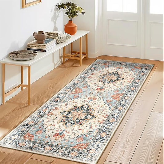 Area Rugs 2'x5' Washable Non-Slip, Floral Vintage Distress Print Pattern Medallion Carpet for Living Room Bedroom Dining Room, Beige Navy Blue Orange Colorful