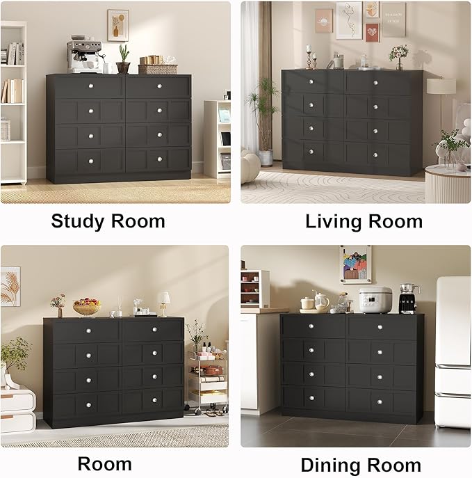 8 Drawer Dresser for Bedroom: 47" Fluted Black Dresser Deep Drawers, Modern Chest of Drawers for Bedroom, Fluted Wood Dressers for Living Room, Hallway