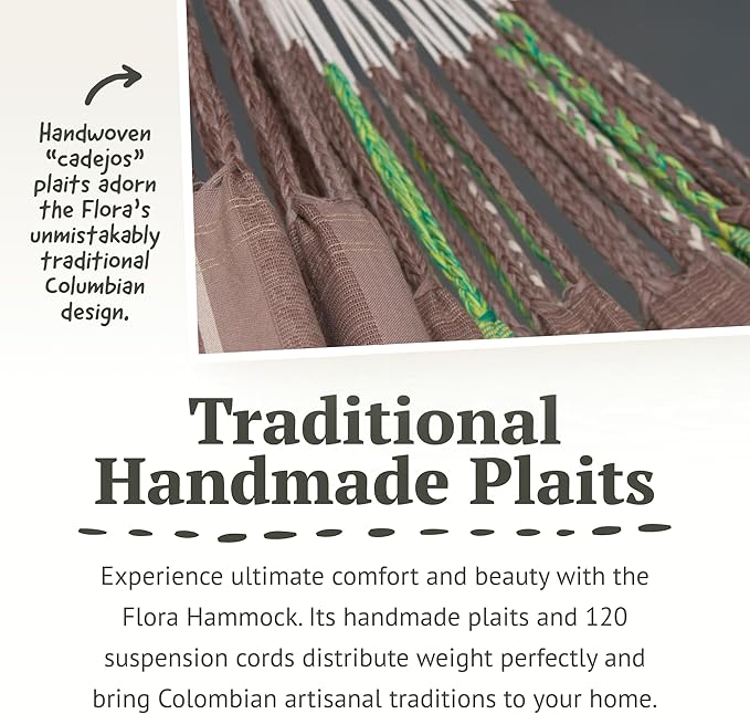 LA SIESTA Flora Classic Cotton Hammock with TreeMount & Straps - Extra Large Patio & Indoor / Outdoor Hammock Bed, 2 Person King Size, Chocolate