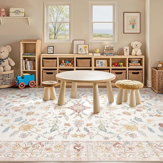 Nursery Rug 10x14 for Kids & Girls - Washable Vintage Large Floral Pink Area Rugs - Ultra Thin Stain Resistant Non Slip Carpets for Kids Playroom, Living Room, Bedroom, Dining Room, Office - Pink