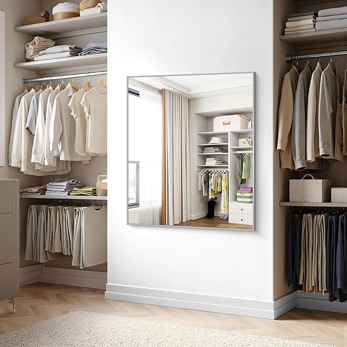 KOCUUY Silver Bathroom Mirror, 40"x48" Large Rectangular Mirror with Metal Frame, Brushed Nickel Vanity Mirror with Modern Design for Bathroom, Living Room, Entryway, Hang Horizontal/Vertical