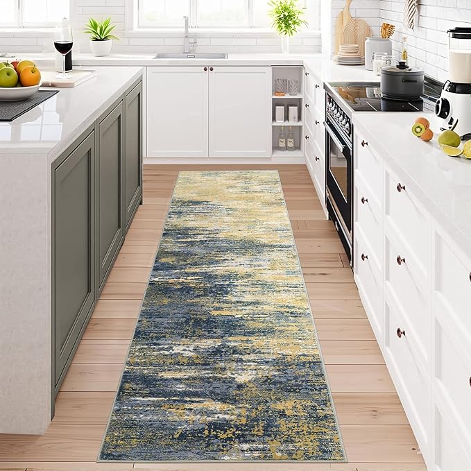 Washable Runner Rug 2x6 Modern Abstract Kitchen Rugs, Non Slip Bathroom Rug, Low Pile Laundry Room Soft Long Carpet for Hallway Bedroom Entryway, Yellow/Black