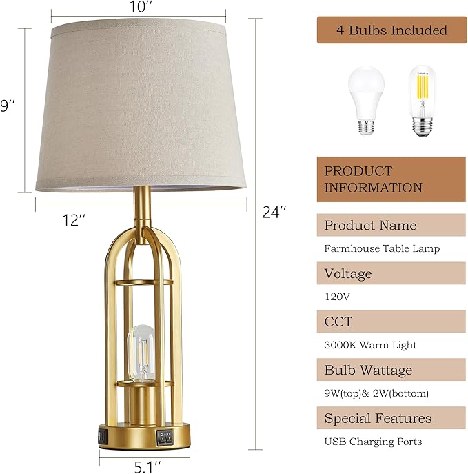 Gold Table Lamps for Living Room Set of 2 - Modern Farmhouse Bedside Lamps for Bedroom Night Stands with Nightlight and USB A+C, Industrial Lamp for Living Room End Tables