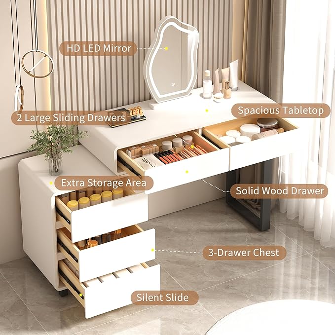 Vanity Desk with Mirror and LED Lights| Small Makeup Table with 5 Drawers and Adjustable Storage Cabinet| Modern Space-Saving Dressing Table for Bedroom(White)
