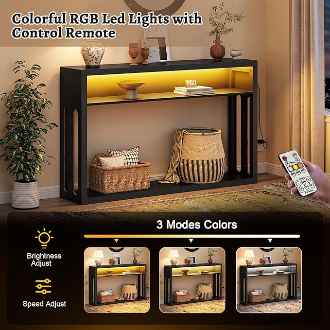 FAVOOSTY 47.2" Farmhouse Console Table with Storage, Entryway Console Table with Led Light, 2-Tier Entryway Table Sofa Table Behind Couch Table Hallway Stand for Living Room,Foyer,Entrance Black