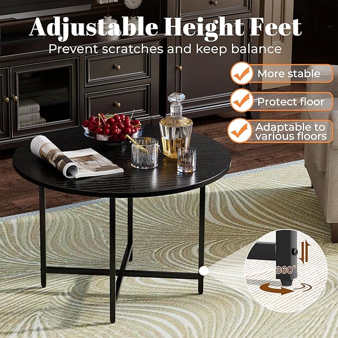 Round Coffee Table, Small Coffee Tables for Living Room, Wood Coffee Table with Metal Frame, Floor Table Desk for Sitting on The Floor, Home, Office, Farmhouse, Black (23.6" D x 17.7" H)