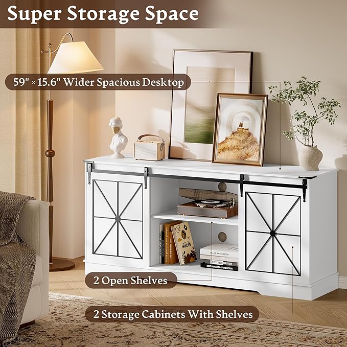 Farmhouse TV Stand for 55 60 65 Inch TV,Mid Century Modern TV Cabinet with Storage Sliding Barn Doors,Easy Assembly,Entertainment Center Console Table for Bedroom Living Room-White&Metal Black