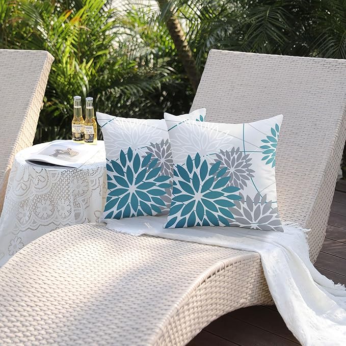 Blue and Grey Floral Pillow Covers 18x18 Set of 2 Outdoor Waterproof Decorative Throw Pillows Summer Pillow Covers Polyester Cushion Case Decor for Couch Patio Funiture Garden Porch 011A18