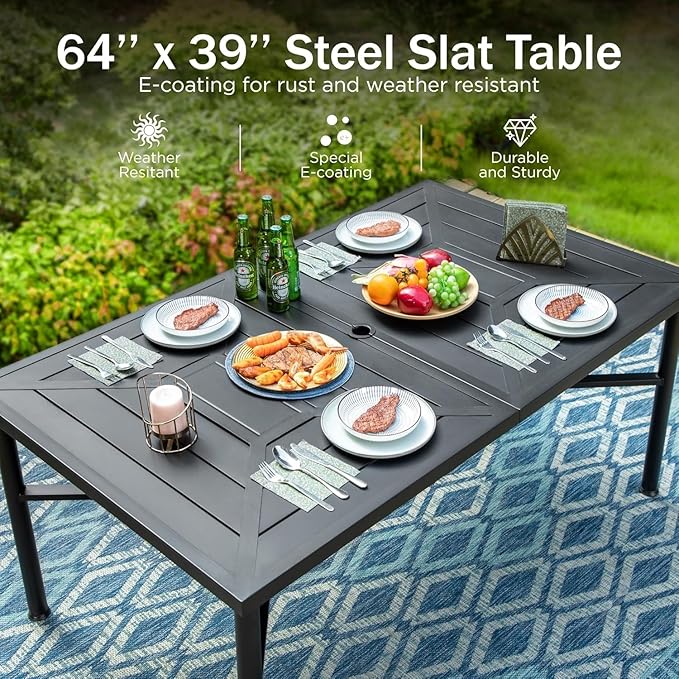 PHI VILLA 7 Piece Outdoor Dining Set for 6, 64" Metal Steel Dining Table with Umbrella Hole & Black Stacking Dining Chairs for Patio, Yard, Porch, Deck