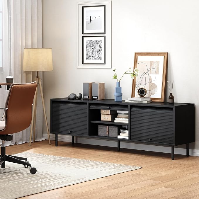 68 Inch TV Stand for TVs up to 75 Inch, Entertainment Center with Power Outlet, Mid-Century Modern TV Console with Storage, Adjustable Shelf & Sliding Doors, TV Stand for Living Room, Black