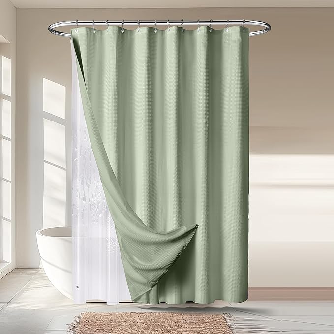 River Dream 3 in 1 Shower Curtain Set, Waffle Fabric Shower Curtain and Waterproof Clear Liner Set with Double Sided Metal Hooks, Sage Green, 72" W*72" H