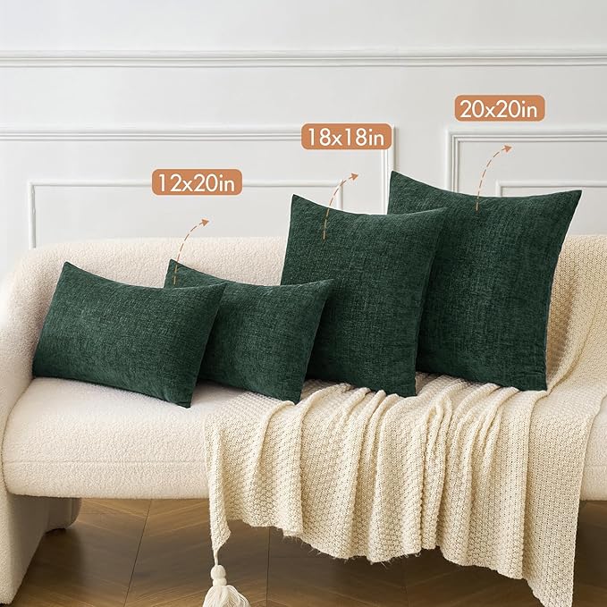 MIULEE Pack of 2 Green Throw Pillow Covers 12x20 Inch Soft Chenille Pillow Covers for Sofa Living Room Couch Solid Dyed Cases