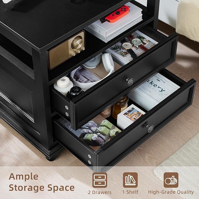 Farmhouse Nightstand with Charging Station, 24" Wide End Table with 2 Drawers, Black Dresser for Bedroom, Bed Side Table Chest of Drawers Cabinet,Wood Night Stand for Living Room, Closet