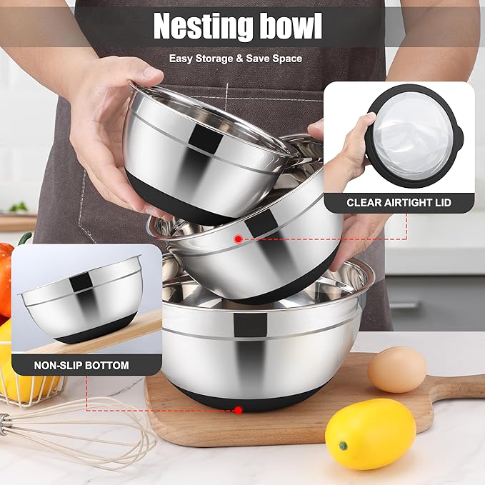 E-far Mixing Bowls with Lids Set, 15PCS Stainless Steel Mixing Nesting Bowl with Colander & 3 Metal Grater for Kitchen Prep/Baking/Storage, Non-Slip Bottom & Airtight Lid, 4.6, 3, 1.5, 1, 0.7QT, Black