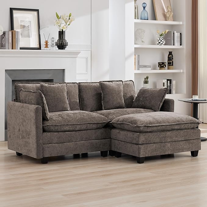 76'' Cloud Deep Seat Loveseat Sofa, Upholstered Chenille Modular 2-Seats Sectional Sofa Couch with Movable Ottoman, Modern Comfy Settee Loveseat for Living Room Set, Small Apartment, Brwon