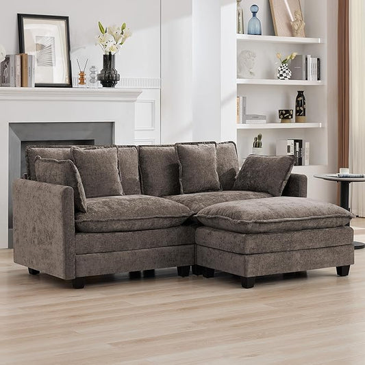76'' Cloud Deep Seat Loveseat Sofa, Upholstered Chenille Modular 2-Seats Sectional Sofa Couch with Movable Ottoman, Modern Comfy Settee Loveseat for Living Room Set, Small Apartment, Brwon