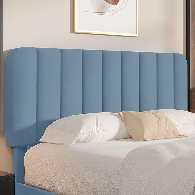 VECELO Full Size Bed Frame with Upholstered Headboard, Velvet Platform Bedframe Mattress Foundation, Strong Wood Slat Support, No Box Spring Needed,Sky Blue