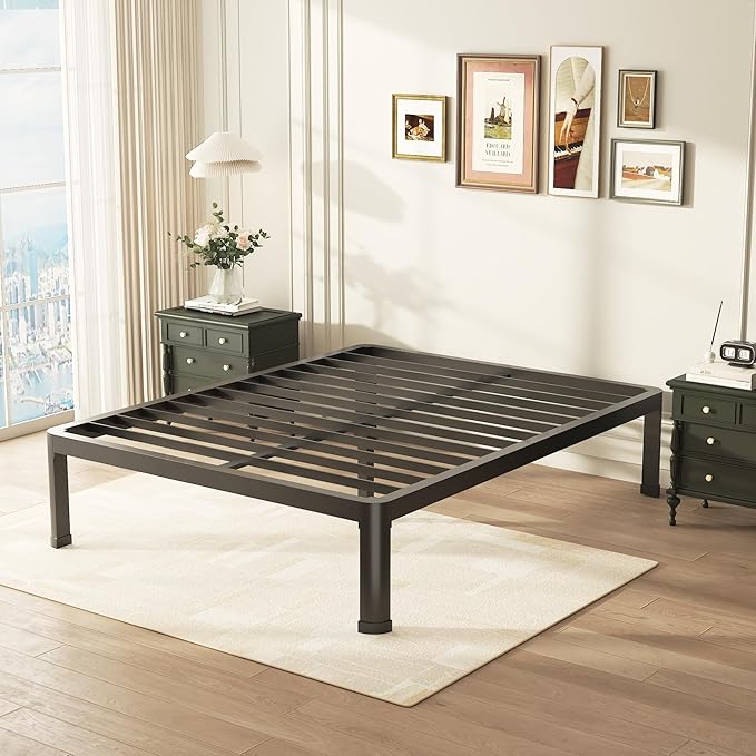 Full Bed Frame with Round Corner Edge Legs, 14 Inch Heavy Duty Support 3500 lbs Metal Platform Bed Frame Full Size, No Box Spring Needed/Noise Free/Non-Slip/Steel Slat Support