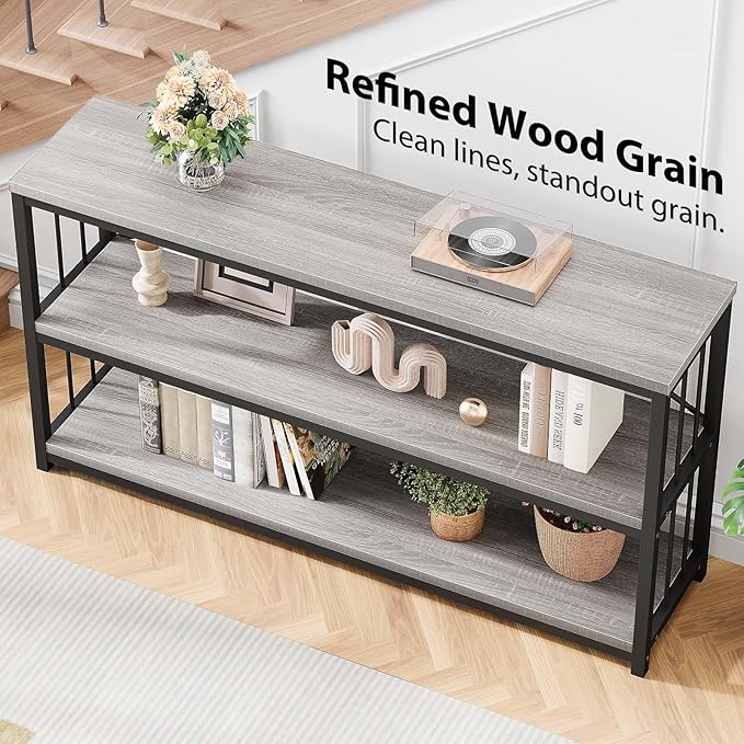 LVB Farmhouse Entryway Table, Metal Wood Console Table for Hallway, Industrial Rustic Sofa Table with 3-Tier Storage Shelf, Modern Entry Table for Foyer Front Home Living Room, Light Grey Oak, 47 inch