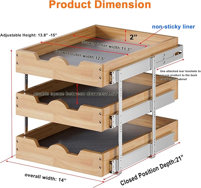 DINDON 3 Tier Pull Out Cabinet Organizer 14”W X21”D Slide Out Shelves With Shelf Liner for Kitchen Wood Roll Out Drawers Pantry Organization