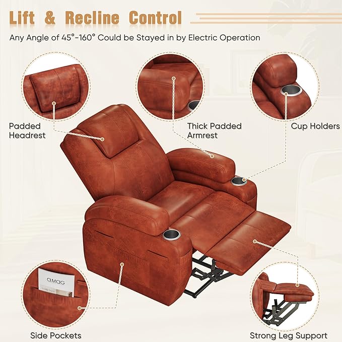 Power Lift Recliner Chair with Massage Electric Lift Chair for Elderly, Ergonomic Recliner with Cup Holders & Side Pockets, Modern Single Sofa for Living Room (Leathaire, Red Brown)