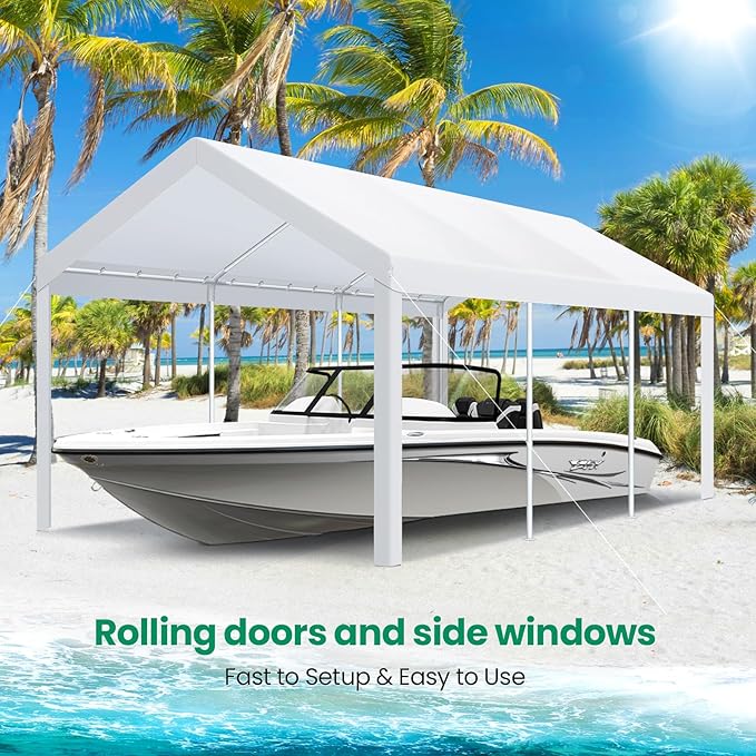 COBIZI Carport Canopy 12x20 Heavy Duty Car Tent Garage, Galvanized Frame Car Canopy Outdoor Shelter Waterproof & UV Protected with Built-in Sandbags & All-Season Tarp for Car Boat Truck, White