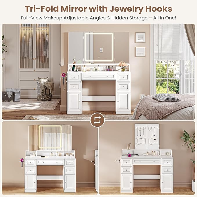 Vanity Desk with Mirror and LED Light, Makeup Vanity with Trifold Mirror and Charging Station, 5 Drawers for Storage, White Modern Vanity Table with Hidden Jewelry Hook for Bedroom, Women Girls