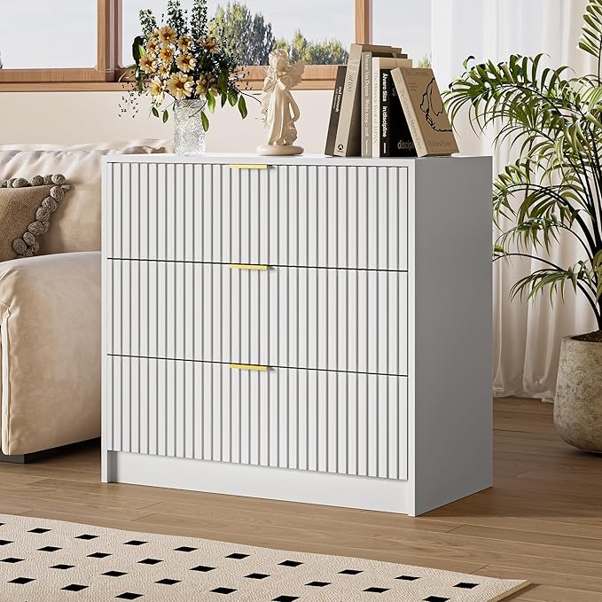 White Fluted Dresser for Bedroom, 32 Inch Wide Nightstand with Large Drawer, 3 Drawer End Table for Bedroom, Living Rooms, Offices, and Entryways