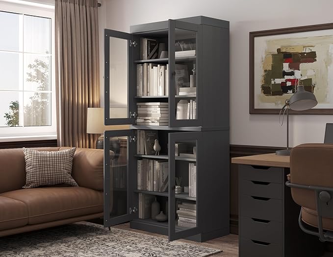 Palace Imports Solid Wood Bookcase - 6-Tier Tall Bookshelf, 71.5” H x 32” W - Gray, Clear Glass Cabinet Doors & Adjustable Shelves for Living Room, 100% Renewable Eco-Friendly Wood, Made in Brazil