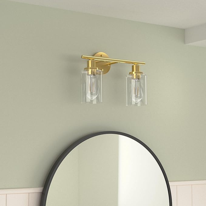 FOLKSMATE Bathroom Light Fixtures, 2-Light Brushed Brass Vanity Light, Gold Wall Sconces Lighting, Modern Bath Wall Mounted Lighting with Glass Shade, Porch Lamp for Mirror, Bedroom, Hallway