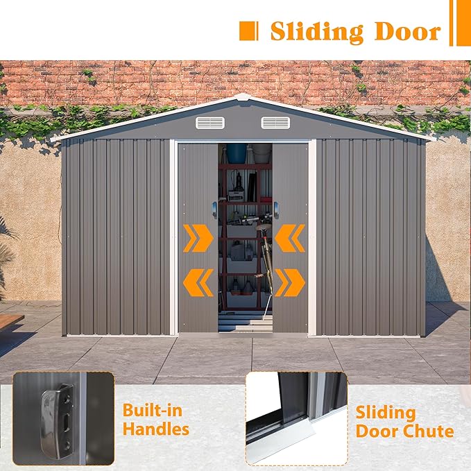 10x8 FT Sheds & Outdoor Storage Garden Metal Shed with Floor Included Lockable Sliding Door and Air Vents Foundation Steel Shed with Air Vents Waterproof Roof Ideal for Backyard Patio Lawn Dark Gray