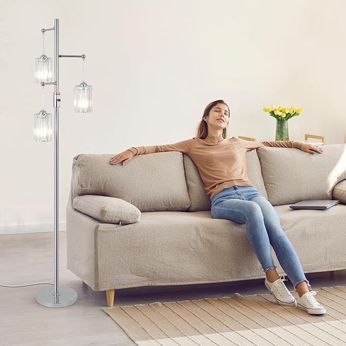 Modern Crystal Floor Lamp for Living Room, 3 Lights Dimmable Standing Lamp, Industrial Silver Tree Lamp with Crystal Shade, Dimmer Switch, 65" Tall Corner Lamp for Bedroom Reading, Chrome
