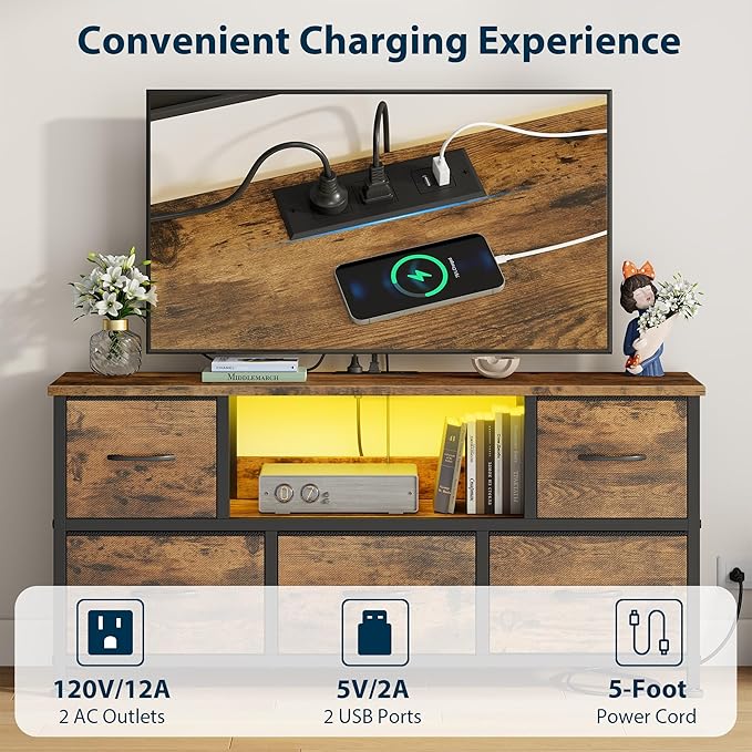 Lulive TV Stand for Living Room, LED Rustic Brown Dresser for Bedroom with 5 Fabric Drawers,43 55in TV Stand with Power Outlet, Entertainment Center with Open Shelf