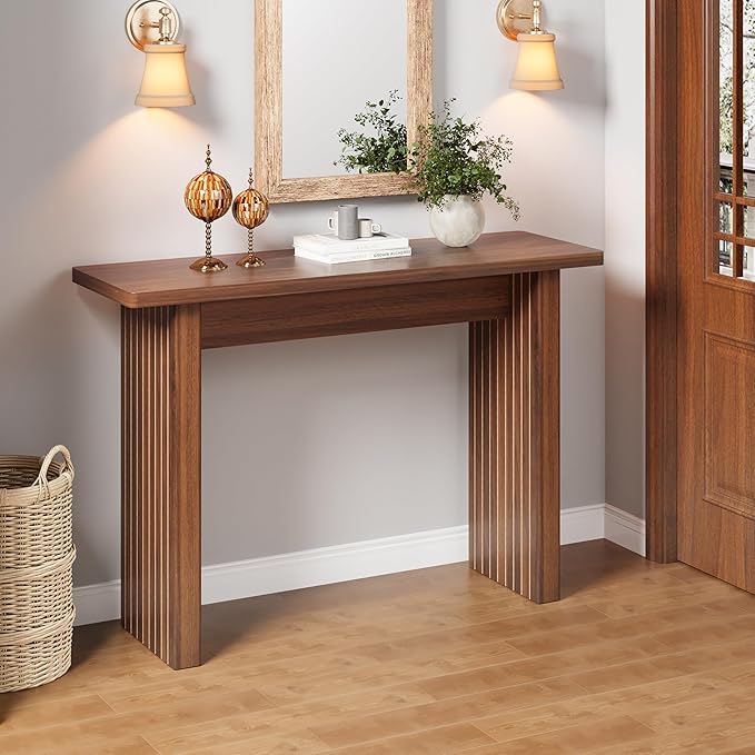 Fluted Entryway Console Table, Wooden Rectangular Sofa Table for Entrance, Narrow Wood Entryway Small Long Entry Table for Hallway, Living Room (Walnut)