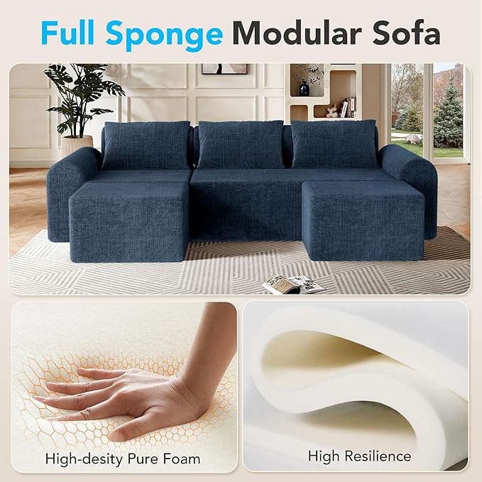 Cloud Sectional Couch with 2 Ottomans & 3 Pillows, Boneless Couches for Living Room, U Shaped Sectional Sofa Deep Seat Comfy Couch for Small Spaces, No Assembly Required, 72h to Restore