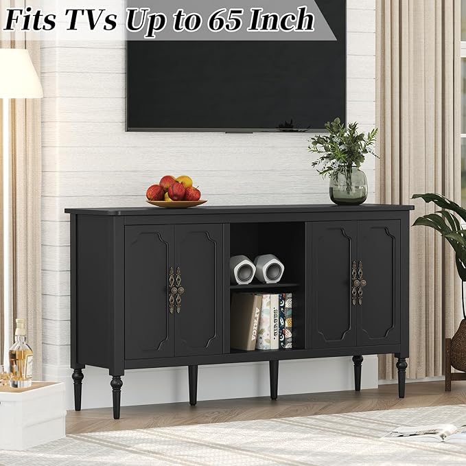 Vintage Buffet Sideboard Cabinet with 4 Doors, 59" Mid Century Modern Storage Cabinet with Shelf, Decorative Accent Credenza TV Stand (Black)