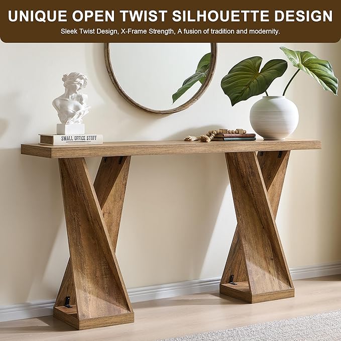 OKD Modern Entryway Table, 63" Twisted Console Table with Wood Pedestal, Farmhouse Sofa Table with Storage, Rustic Entry Table Tor Living Room, Entryway, Hallway, Golden Rustic Barnwood