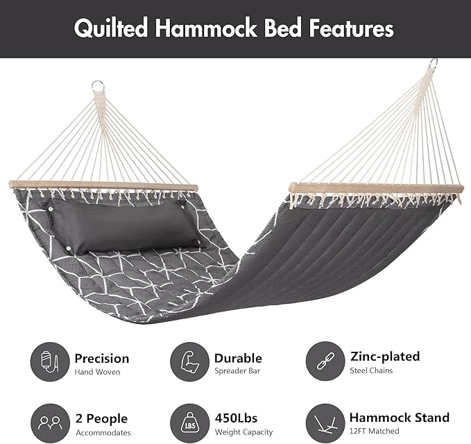 ANOW Outdoor Hammock with Spreader Bars and Detachable Pillow, 2 Person Hammock, 450 LBS Weight Capacity, Gray Cube