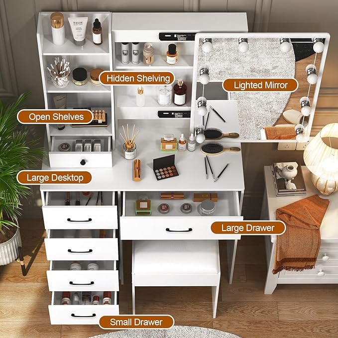 Vanity Desk with Sliding Mirror and Lights, Makeup Vanity Table Set with Chair and 6 Drawers, Small White Makeup Vanity with HD Mirror, 3 Lighting Modes Makeup Desk for Bedroom Women