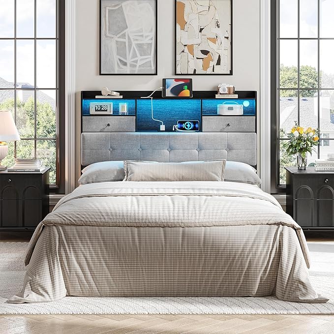 Maupvit Headboard Queen Size with Storage, Queen Headboard Only with 2 Drawers, Charging Station and LED Lights, Upholstered Headboards Easy Assembly, Black&Grey