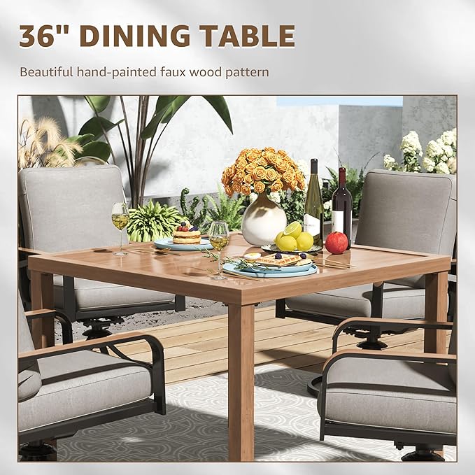 NATURAL EXPRESSIONS 5 Piece Outdoor Patio Dining Sets, 4pcs Swivel Dining Chairs & Square Woodgrain Dining Table with 1.65”Umbrella Hole for Lawn, Garden, Deck, Backyard and Porch