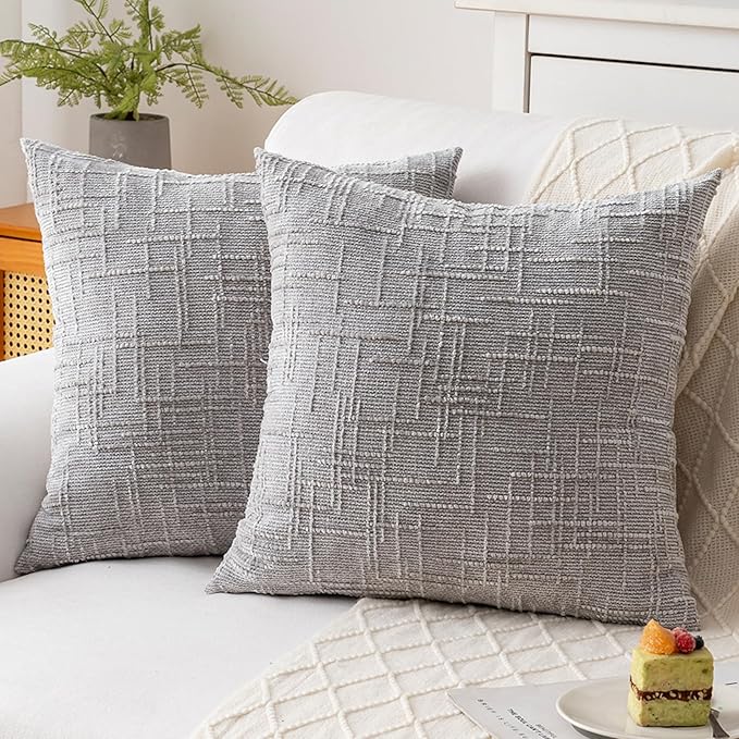 Decorative Throw Pillow Covers 22x22 Inch Set of 2, Soft Solid Farmhouse Chenille Couch Pillows, Spring Pillow Covers for Couch Sofa Bed Living Room Home Decor Pillowcase, Light Gray