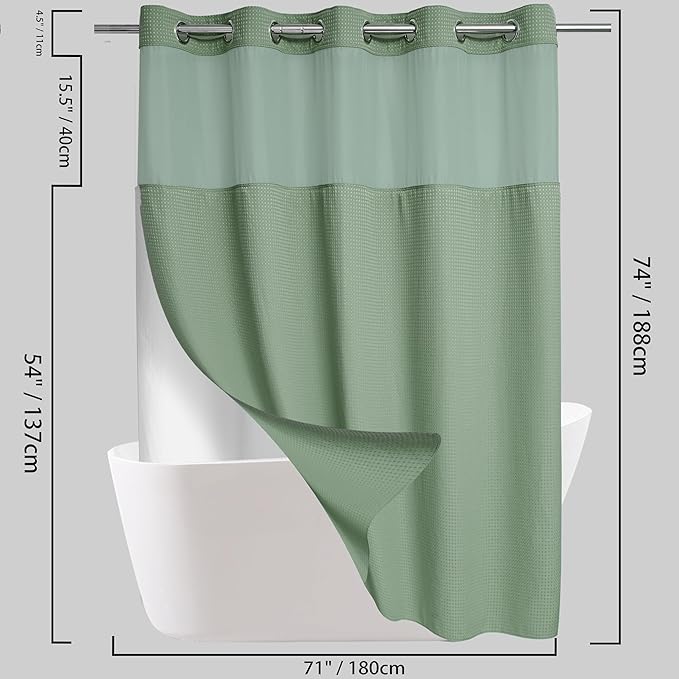 Conbo Mio No Hook Sage Green Waffle Weave Shower Curtain with Snap in Liner Set, Hotel Luxury Shower Curtains for Bathroom with See Through Top Window, Waterproof, Washable 71W x 74H