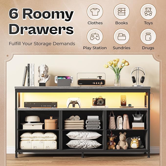 Huuger LED TV Stand for Bedroom, 47 Inch Dresser TV Stand for 43, 50, 55 Inch TV, Grey Black TV Stand with Storage, Entertainment Center with Power Outlets, 6 Drawer Fabric Dresser for Living Room