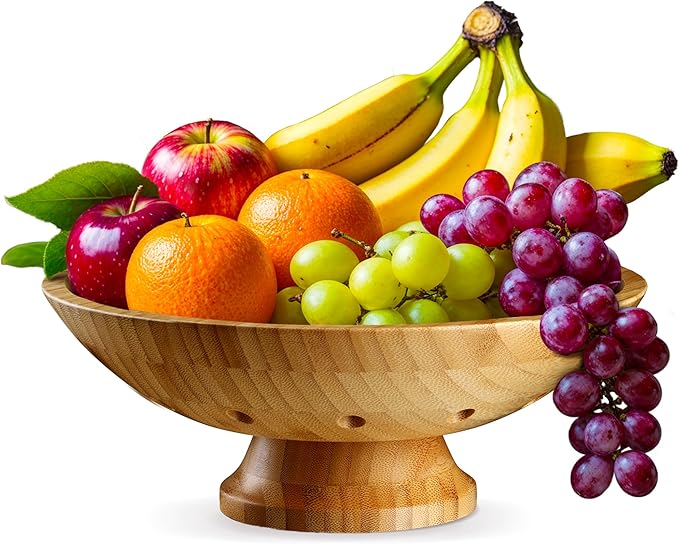 Fruit Basket Fruit Bowl for Kitchen Counter - Wooden Pedestal Bowl with Ventilation Holes, Decorative Bamboo Holder, Wooden Serving Frutero for Produce and Vegetable Storage, Wood Decorative Gift Idea