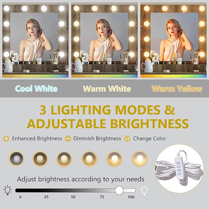 Vanity Desk with Mirror and Lights, 43'' Grey Makeup Dressing Table Set with 5 Drawers & Chair, Power Outlet, 3 Lighting Modes Adjustable Brightness & RGB LED for Women Girls Bedroom Bathroom