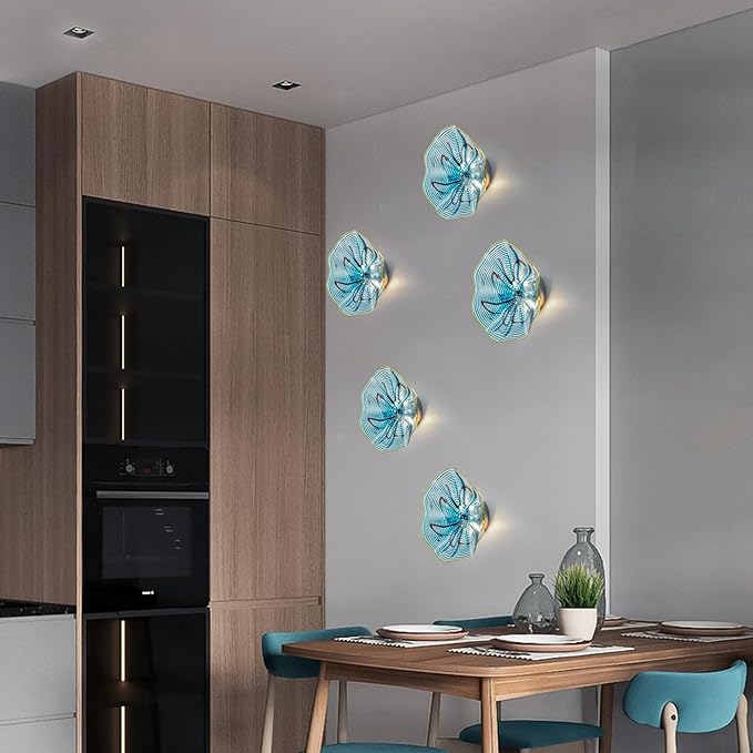 Hand Blown Glass Plate Wall Decor, Modern Unique Glass Wall Art, Lotus Leaf Wall Plate Shape Wall Sconce with Transparent and Easy to Clean for Staircase, Living Room, Kitchen, Hallway (Blue-3)