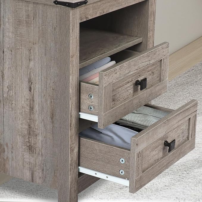 Grey 6 Drawer Dresser & 2 Farmhouse Nightstand Set for Bedroom, Wood Dresser with Metal Handle for Bed Room, Hallway, Light Grey Rustic Oak