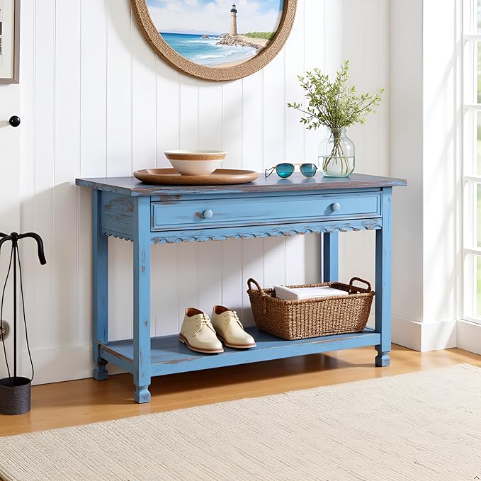 Alaterre Furniture Rustic Cottage Media Console Table, Antique Blue with 1 Drawer and 1 Shelf, Hardwood Construction, Ideal for Living Room or Entryway